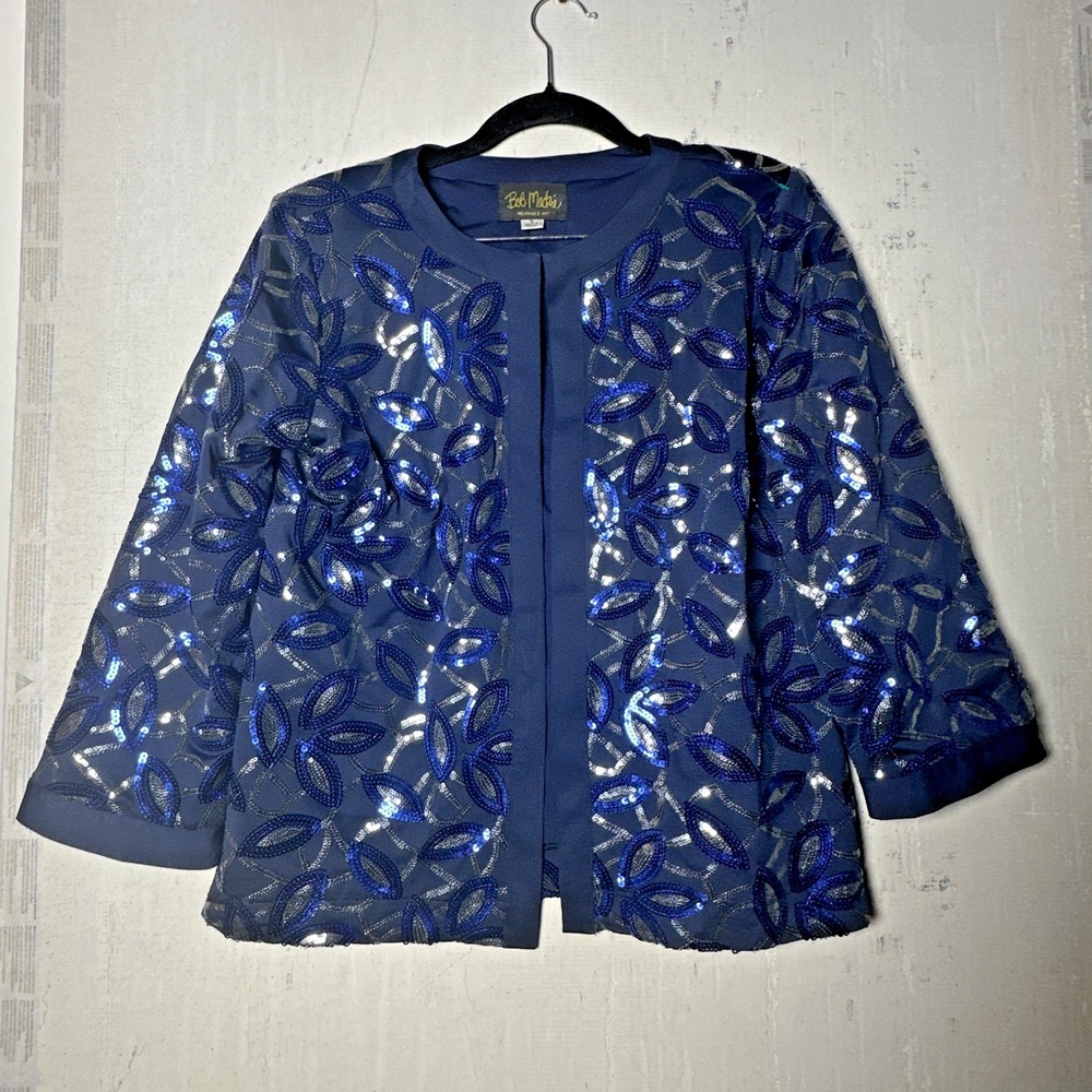 Vintage BOB MACKIE Blue Silver Abstract Pattern Sequin Jacket | Size S